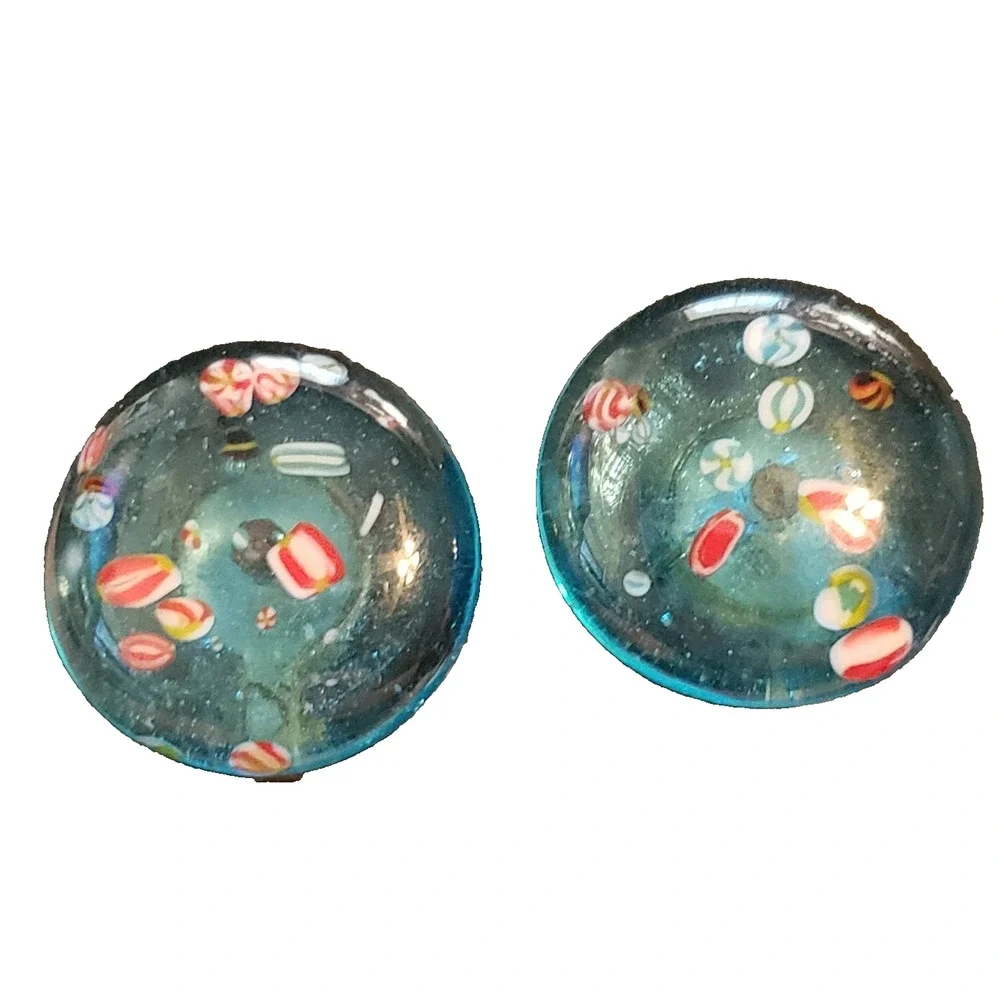 Vintage Blue Embedded Millefiore Lucite Clip-On‎ Earrings- Colorful Retro bcl-22
